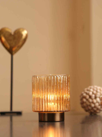 Fluted Glass Tea Light Holder With Metal Base