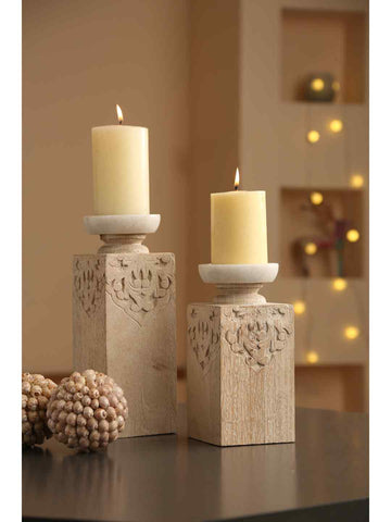 Hand Carved Candle Holders With Marble Top (set Of 2)