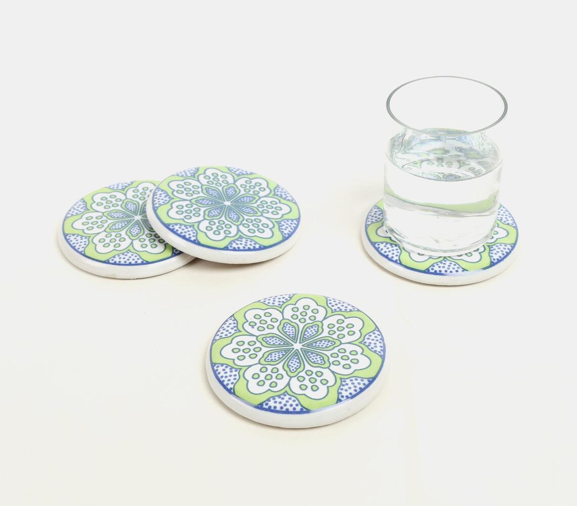 Ceramic Coaster With Cork Base Floral Design (Green)- Set Of 4